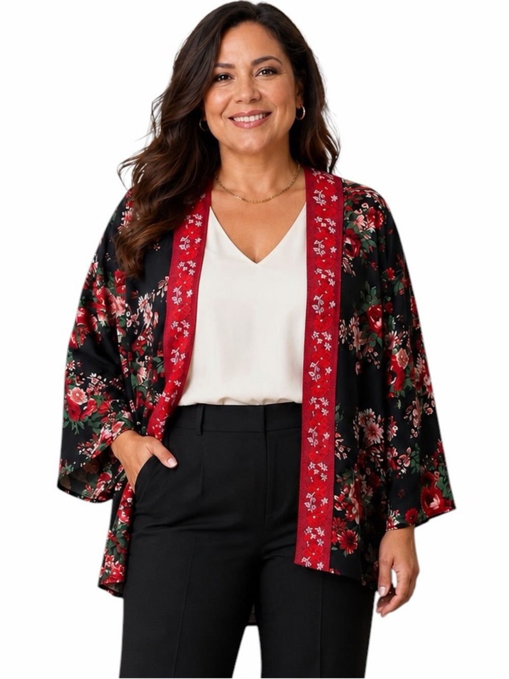 Pioneer Woman Large/XL Black Floral Kimono Cardigan Embroidered